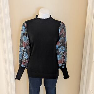Siani Milano black soft sweater w/ mocked turtle neck & sheer floral sleeveSoir